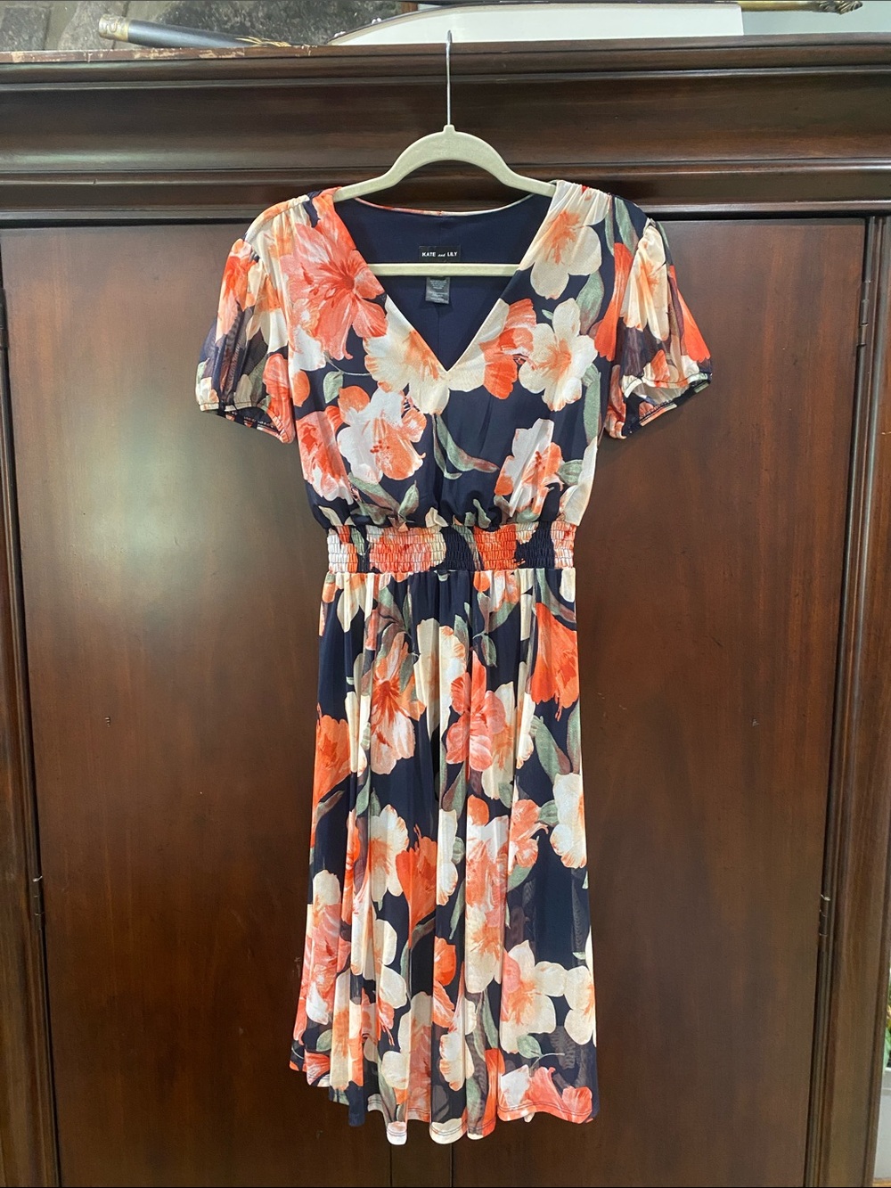 Floral V-Neck Midi Dress in Navy with Coral and Cream Blossoms